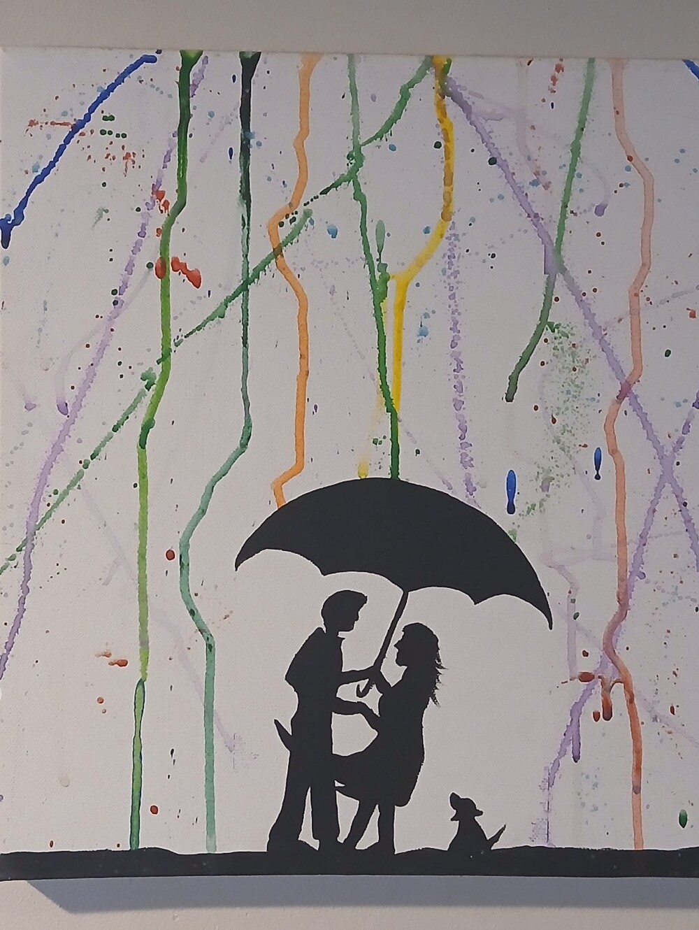Original Hand Painted Acrylic Black Silhouette Umbrella Rain Art Romantic Couple
